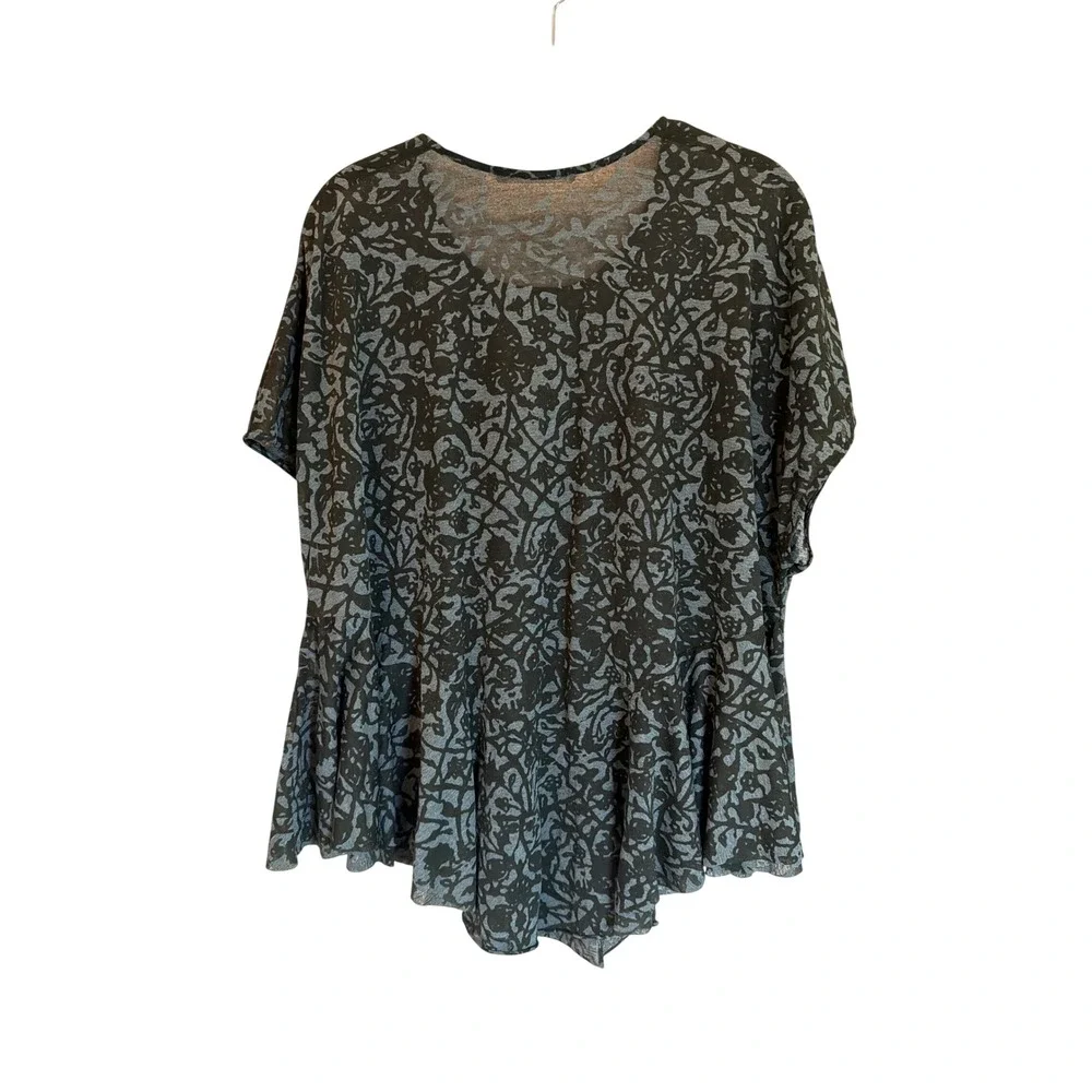Peruvian Connection XL Grey Black Burnout Print Peplum Short Sleeve Blouse Top